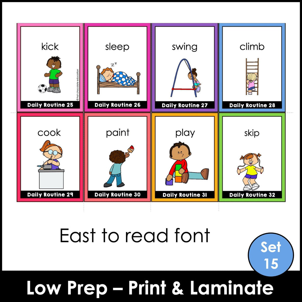 Daily Routine Flashcards : Basic Verbs & Chores : ESL task cards - Flash Cards - Hot Chocolate Teachables