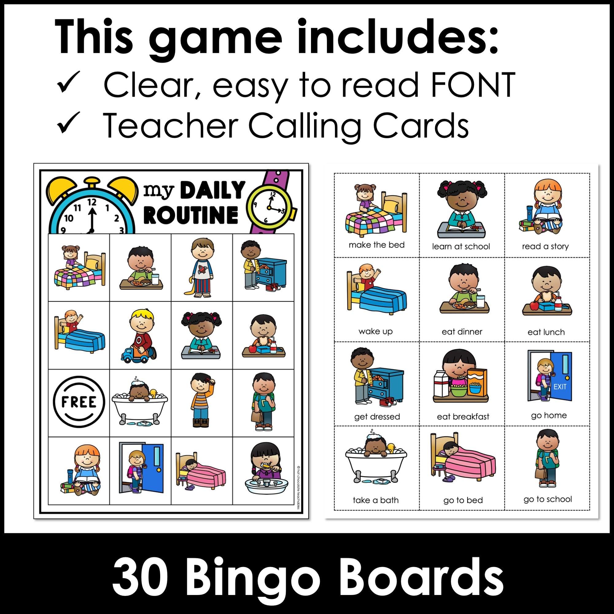 Daily Routine Verb Bingo Game | Home and School Verbs ESL Activity & Flashcards - Hot Chocolate Teachables