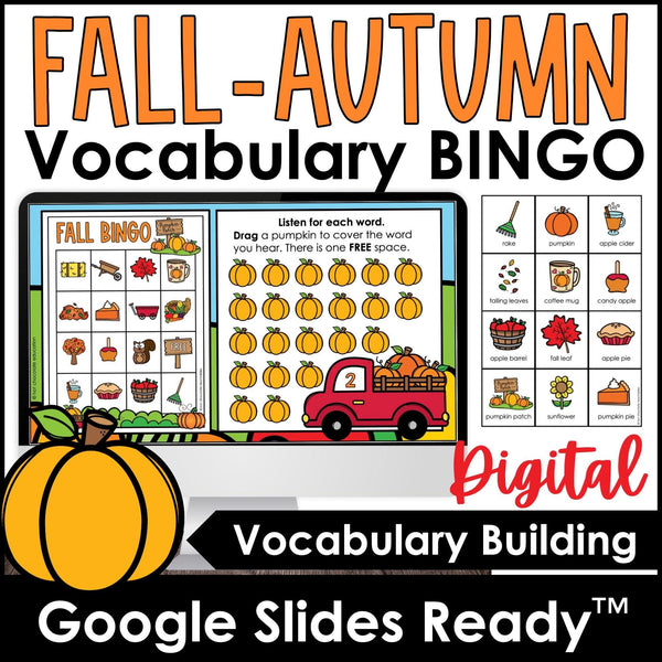 DIGITAL Fall Theme Vocabulary Bingo Game - Google Slides™ - Autumn Words - Hot Chocolate Teachables