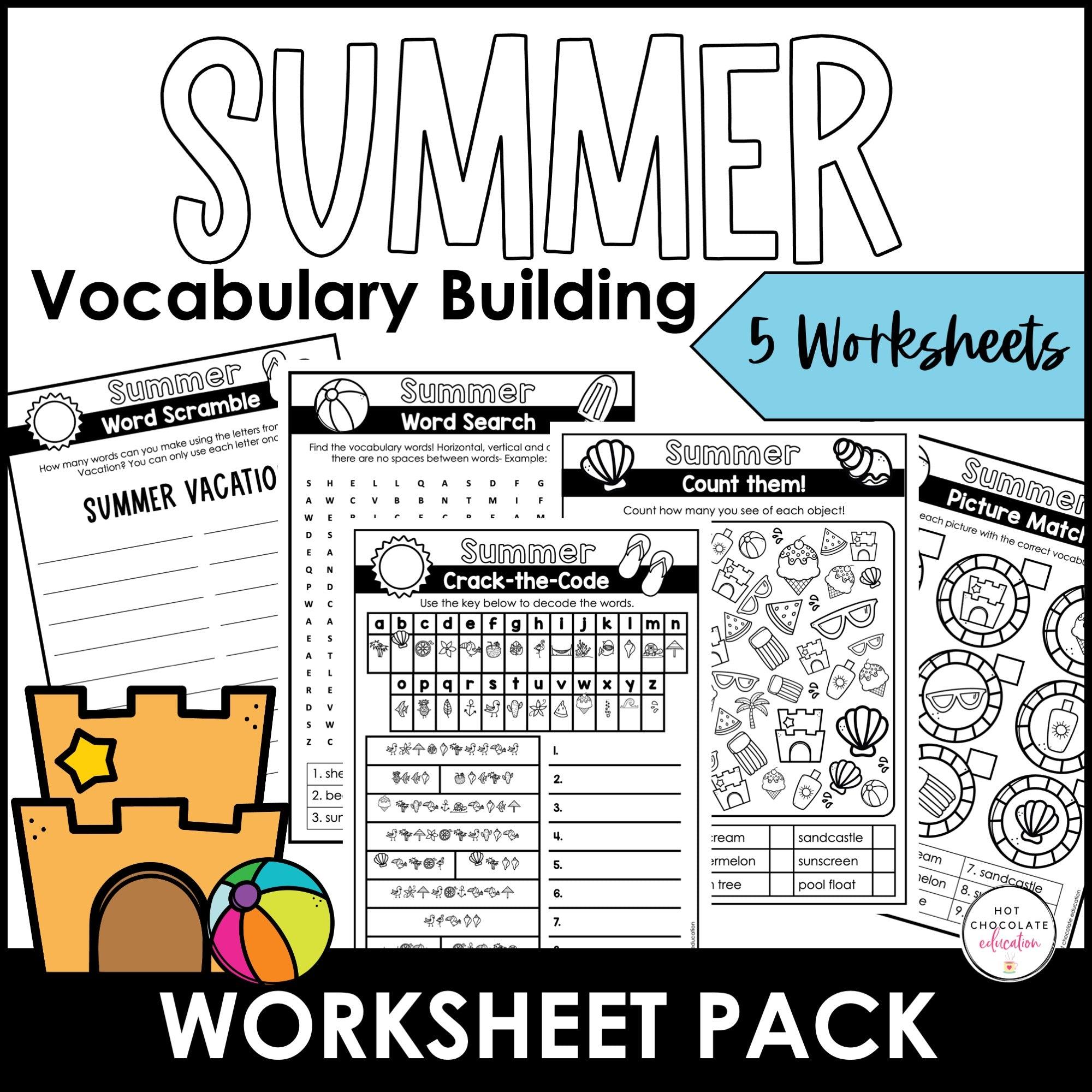 Dollar Deal! Summer Vacation Vocabulary Word Worksheet Pack - Color/ B&W Options - Hot Chocolate Teachables