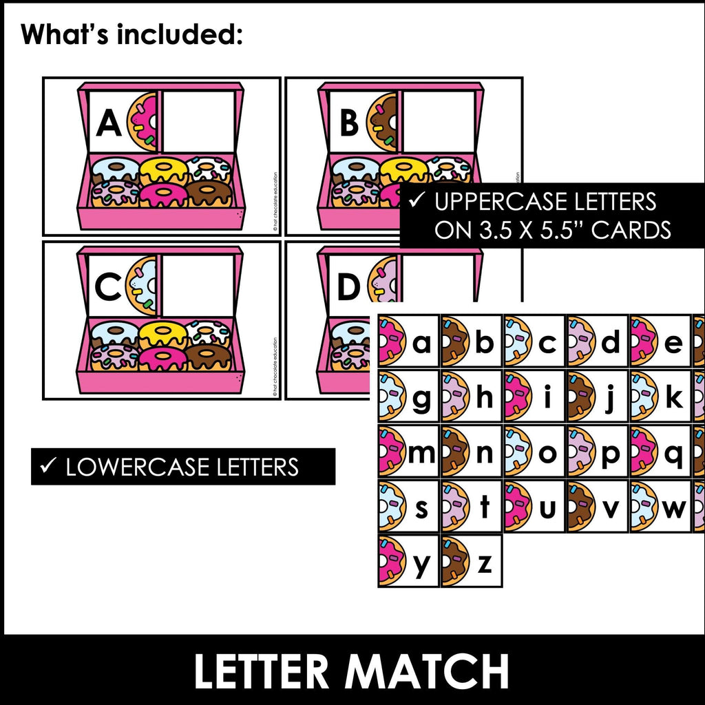 DONUTS - Alphabet Letter Match A to Z - Uppercase and Lowercase Letters - Hot Chocolate Teachables