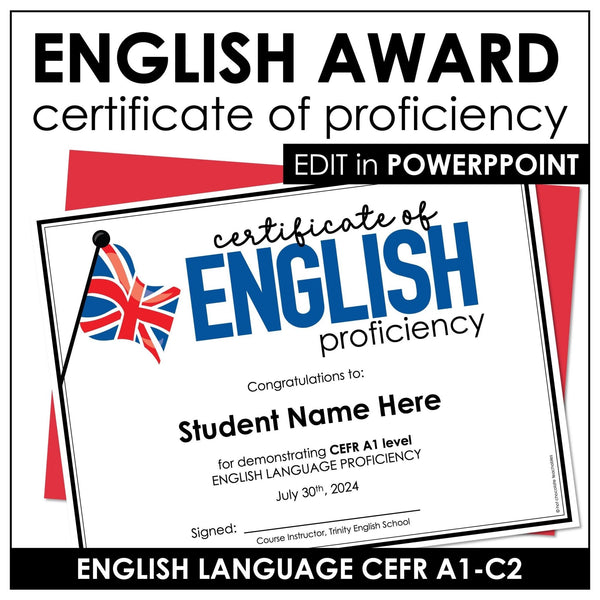 Editable Certificate | ENGLISH CEFR A1-C2 End of the Year Award for Proficiency - Hot Chocolate Teachables