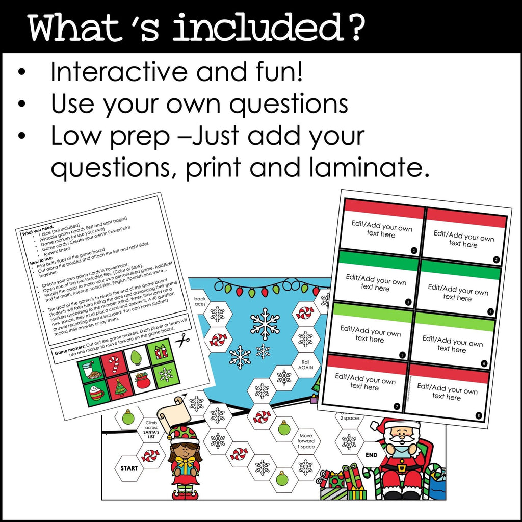 Editable Christmas Game Board | Create editable game cards for ANY subject - Hot Chocolate Teachables