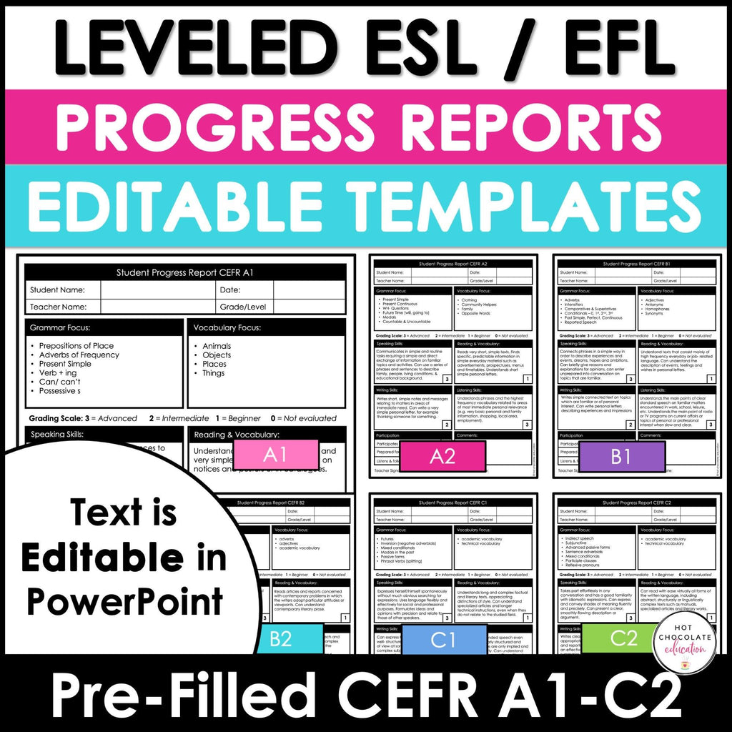 Editable ESL & EFL Progress Reports CEFR Alignment A1-C2 - Hot Chocolate Teachables