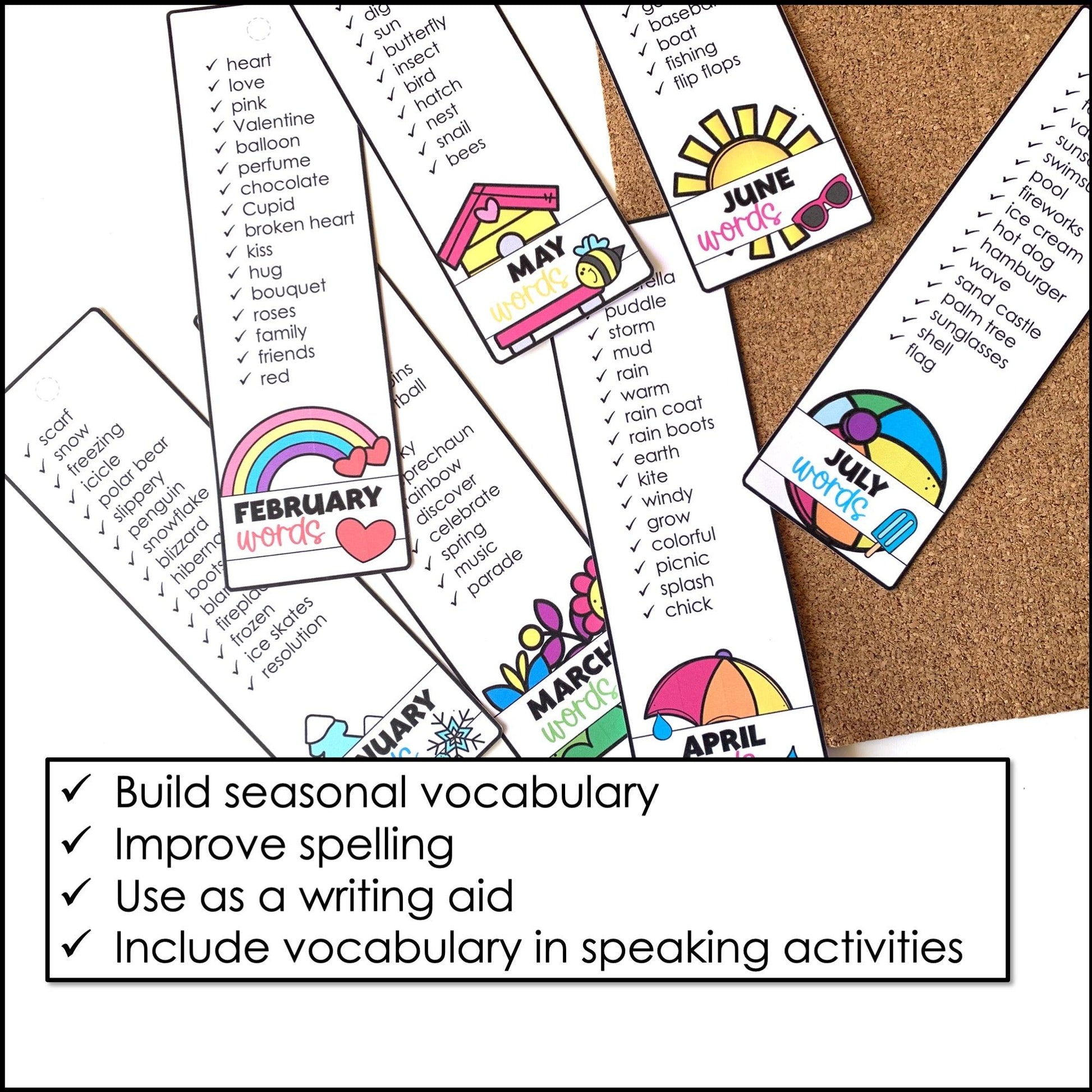 Editable Monthly Vocabulary Bookmarks - Seasonal Word Lists for ELL / ESL / EFL - Hot Chocolate Teachables