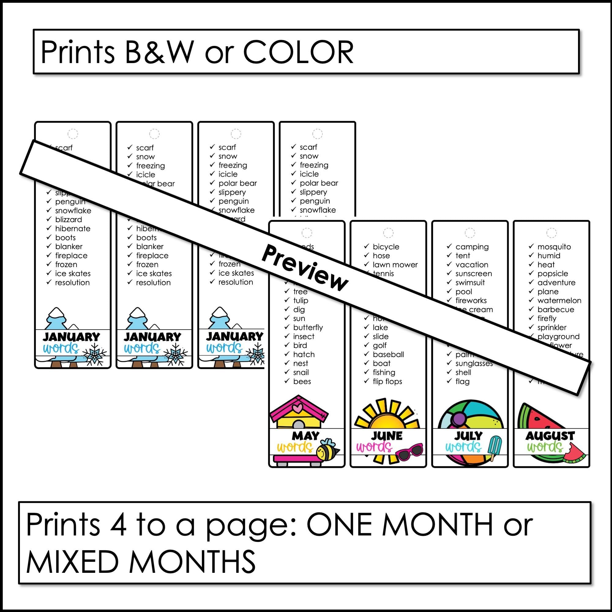 Editable Monthly Vocabulary Bookmarks - Seasonal Word Lists for ELL / ESL / EFL - Hot Chocolate Teachables