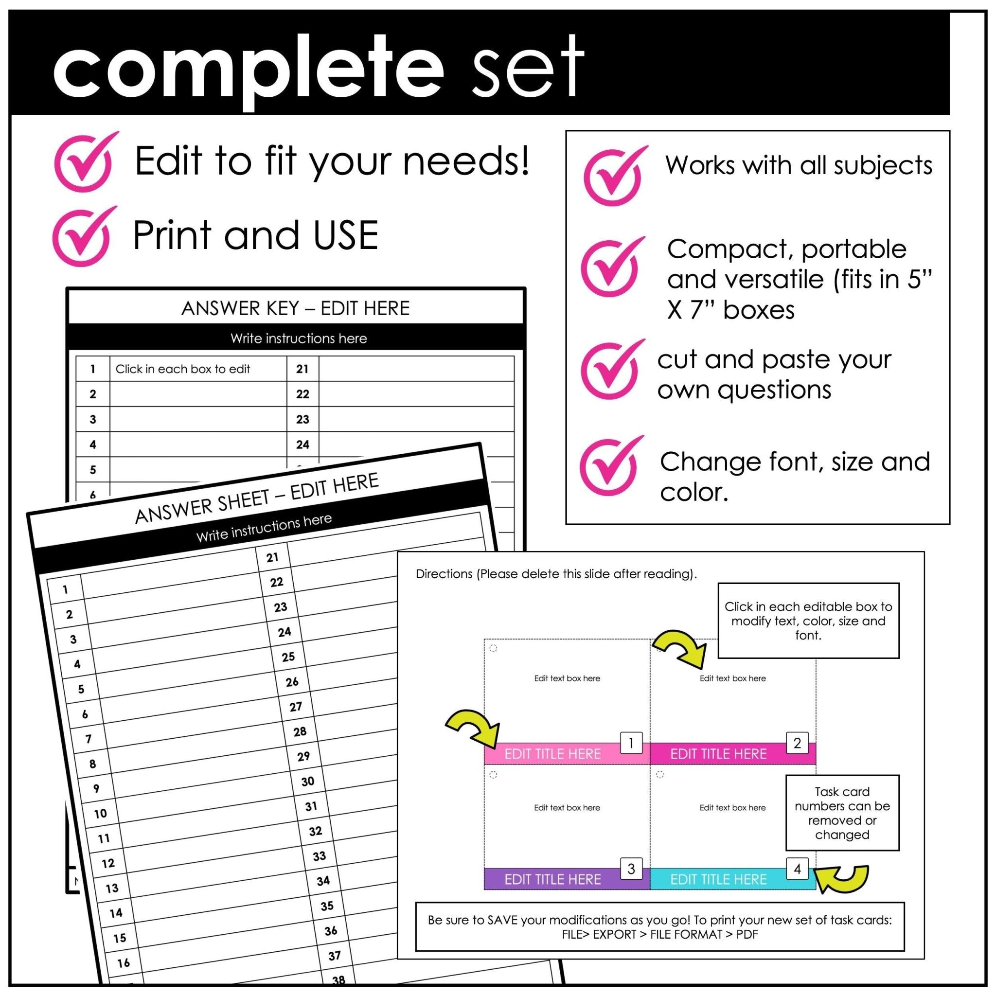 Editable Task Card PowerPoint Templates - Color - B&W Options - For ANY Subject - Hot Chocolate Teachables