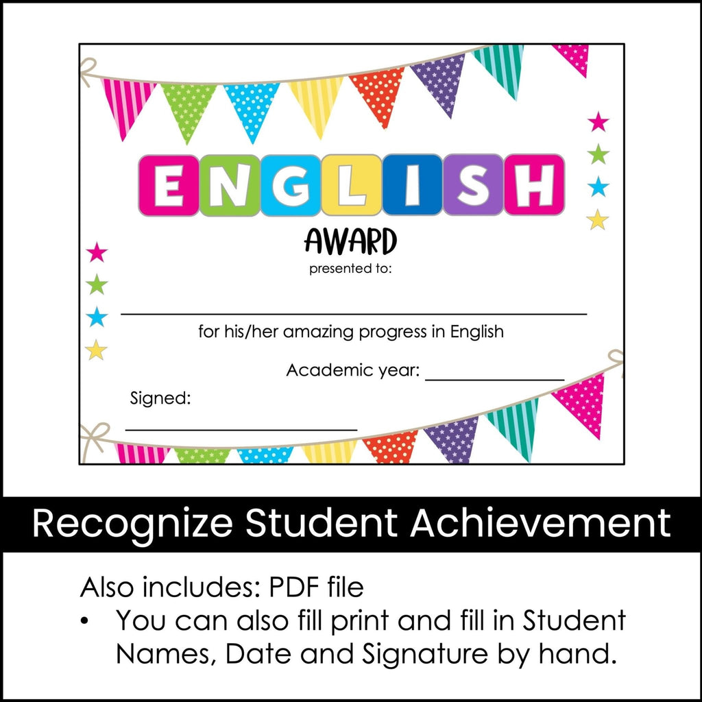 End of Year English Award Certificate - Editable Name and Date Fields - Hot Chocolate Teachables