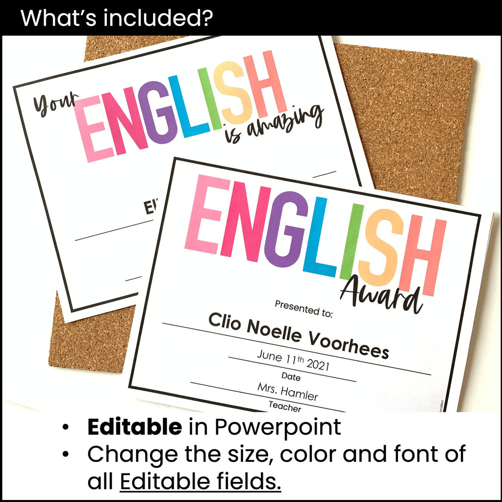 End of Year English Award Certificate Templates - Editable in PowerPoint - Hot Chocolate Teachables