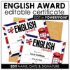 End of Year English Student Award Certificate - Editable Name and Date Fields - Hot Chocolate Teachables