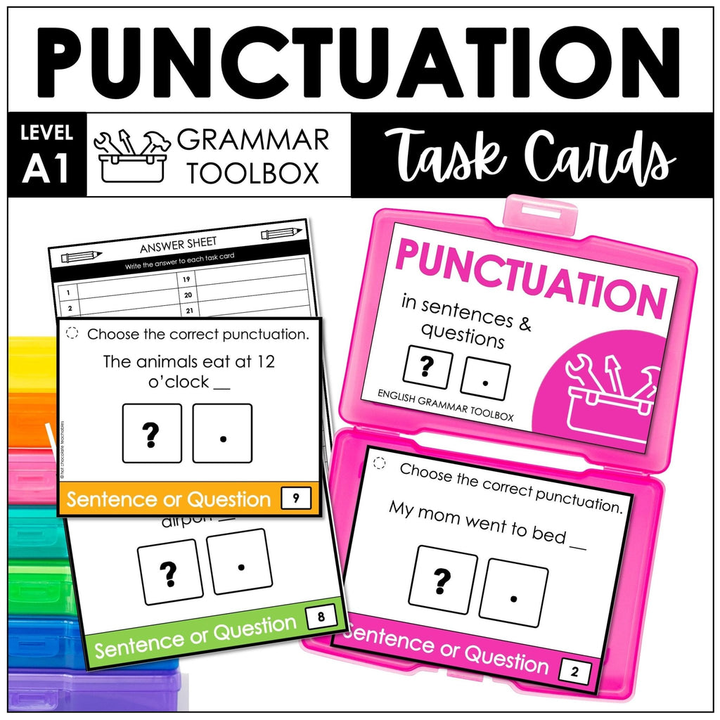 End Punctuation Task Cards - Sentences and Questions - ESL GRAMMAR TOOLBOX - Hot Chocolate Teachables