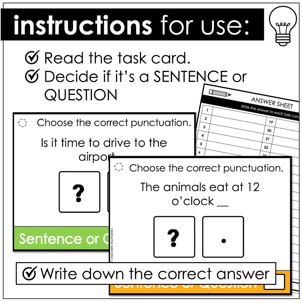 End Punctuation Task Cards - Sentences and Questions - ESL GRAMMAR TOOLBOX - Hot Chocolate Teachables