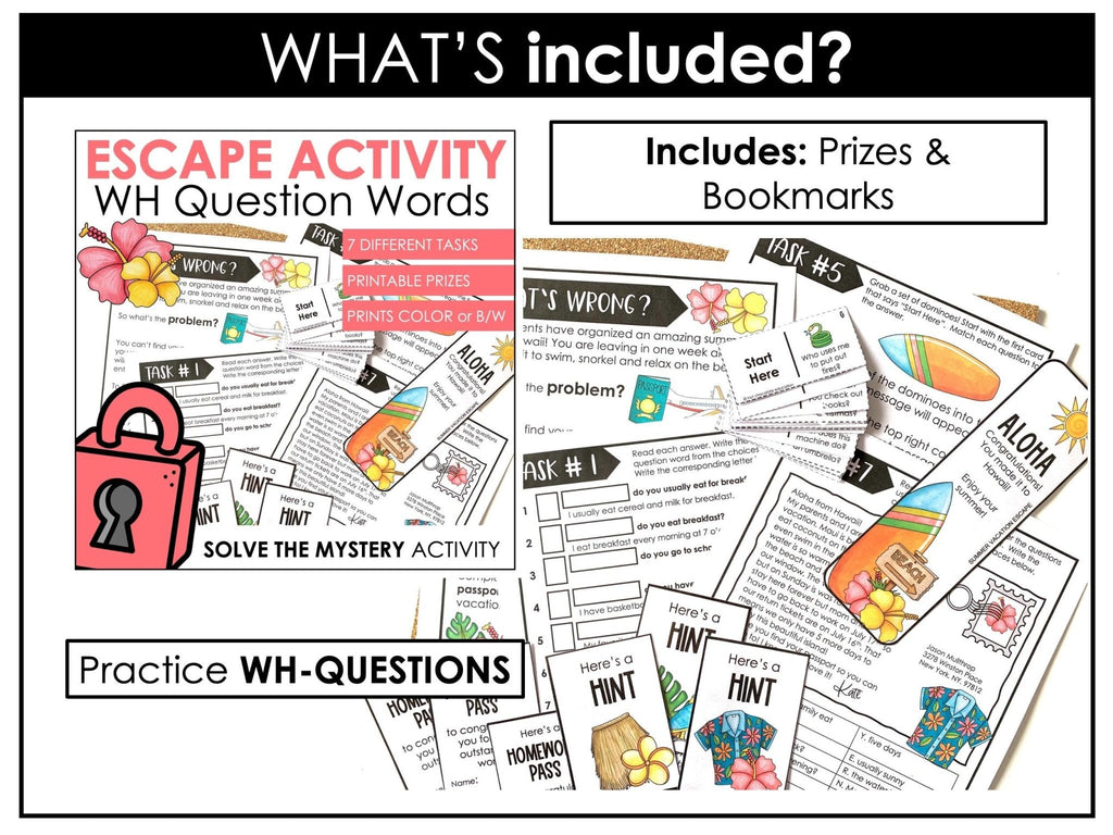 Escape Room Bundle ESL - WH Questions, Present Tense Verbs, Sentence Building - Hot Chocolate Teachables