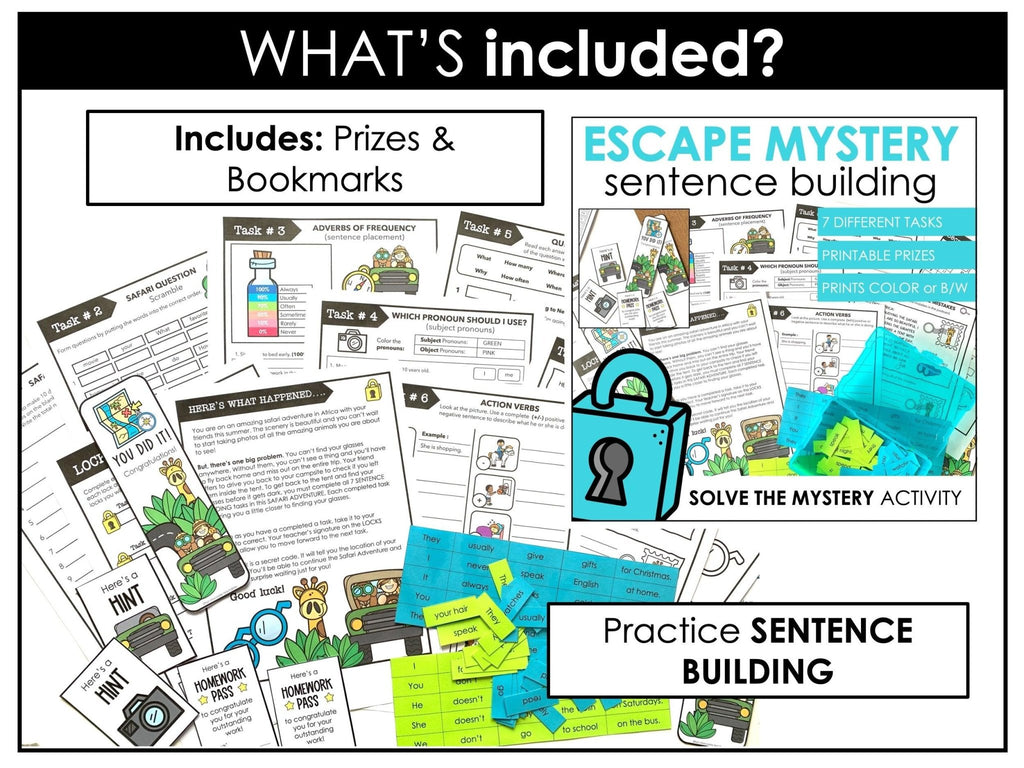 Escape Room Bundle ESL - WH Questions, Present Tense Verbs, Sentence Building - Hot Chocolate Teachables