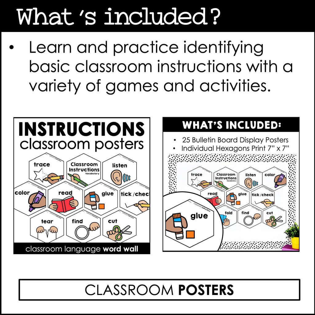 ESL Classroom Instructions Vocabulary Bundle | Word Wall Posters + Games - Hot Chocolate Teachables