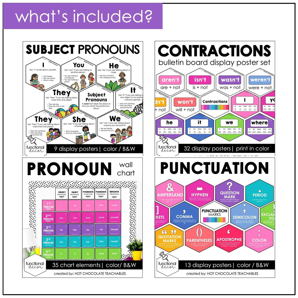 ESL Grammar Posters : Contractions, Pronouns, Punctuation Wall Chart - Hot Chocolate Teachables