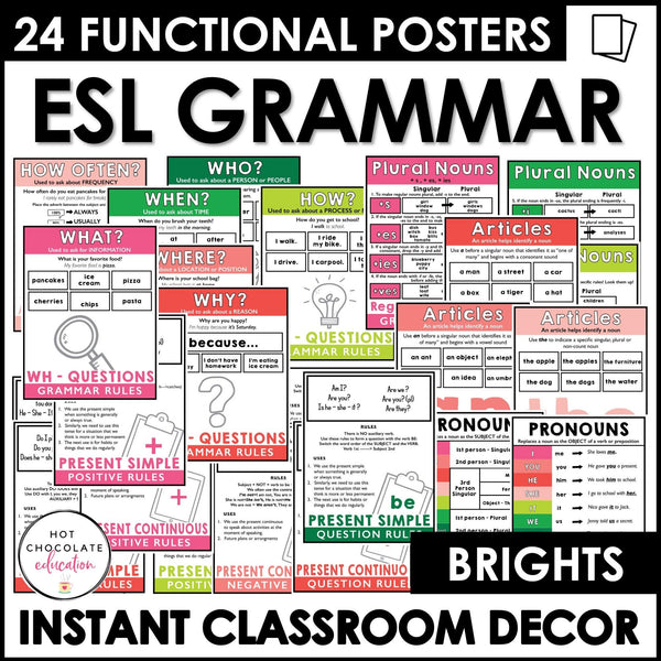 ESL Grammar Posters: Functional Classroom Printables - BRIGHTS - Hot Chocolate Teachables