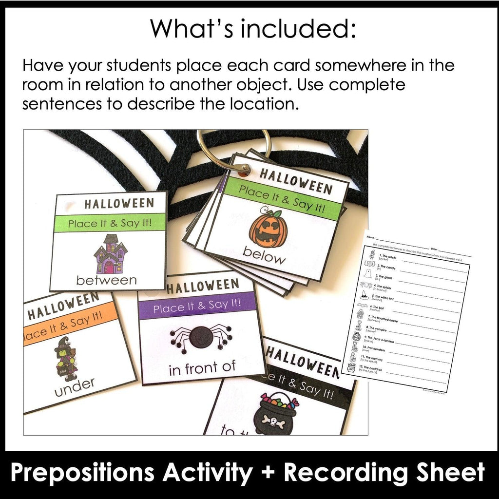 ESL Halloween Prepositions of Place Card Match Activity & Placement Game - Hot Chocolate Teachables