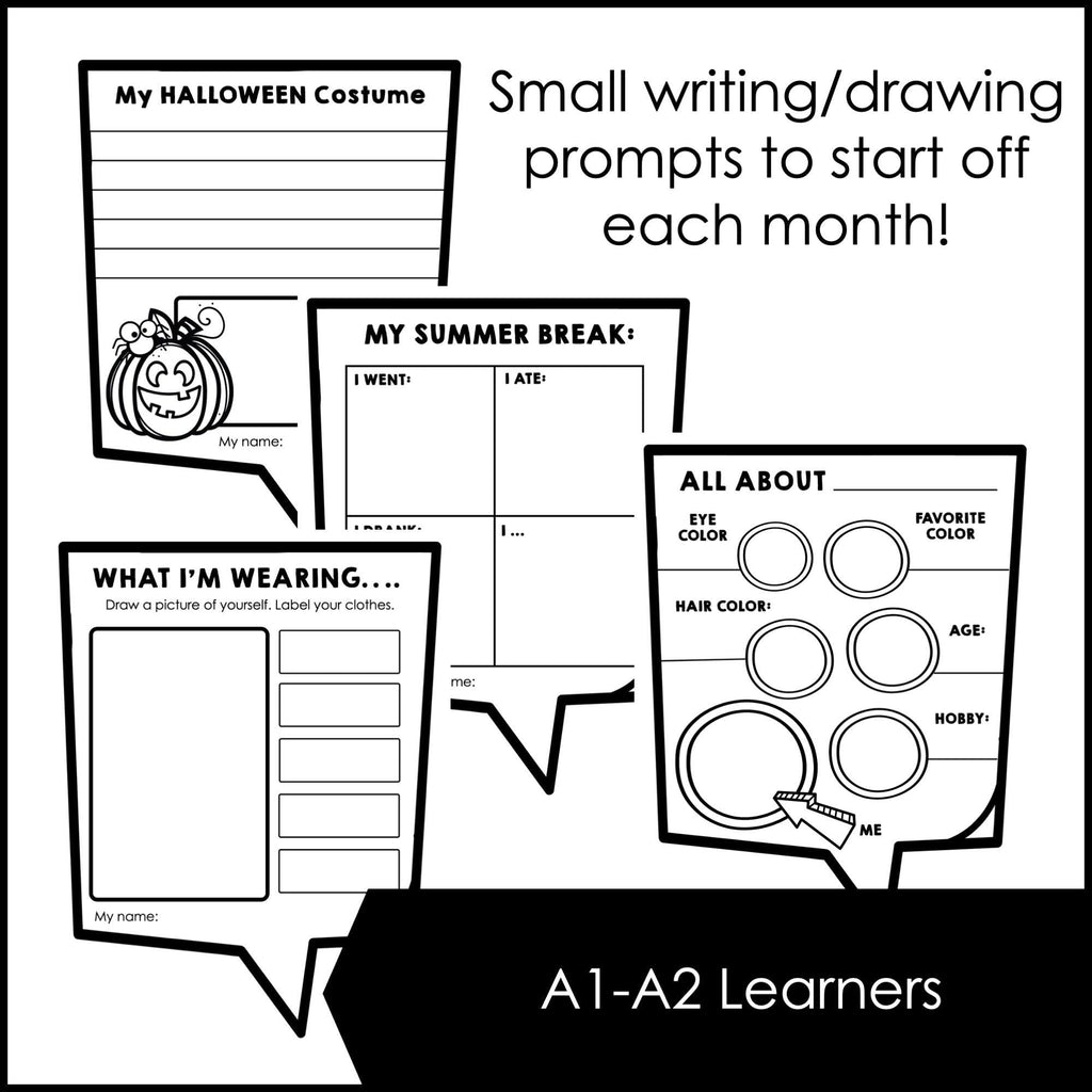 ESL Monthly Writing & Drawing Prompts - Bulletin Board | Notebook Inserts - Hot Chocolate Teachables