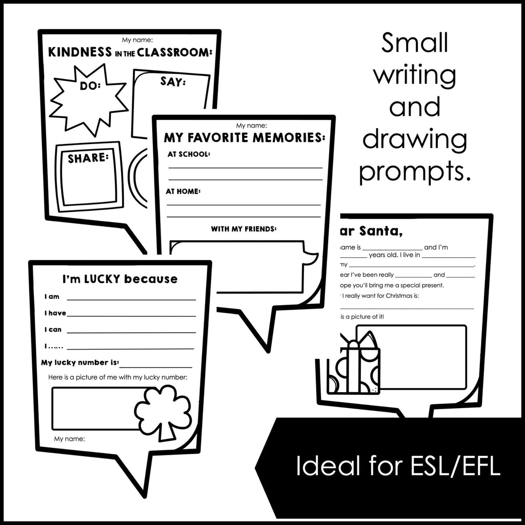 ESL Monthly Writing & Drawing Prompts - Bulletin Board | Notebook Inserts - Hot Chocolate Teachables