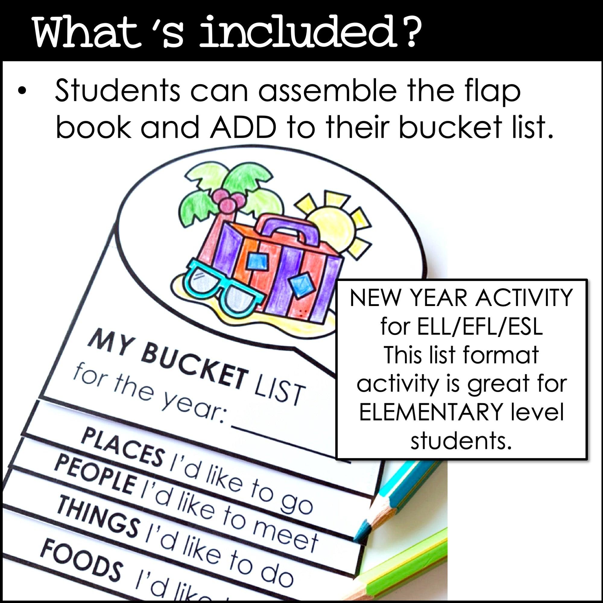 ESL New Year Bucket List Writing Activity | New Year Goals FLAP BOOK - Hot Chocolate Teachables