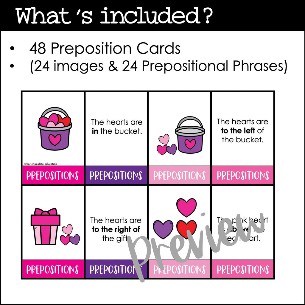 ESL Prepositions of Place and Location Card Match - Valentine's Day Vocabulary - Hot Chocolate Teachables