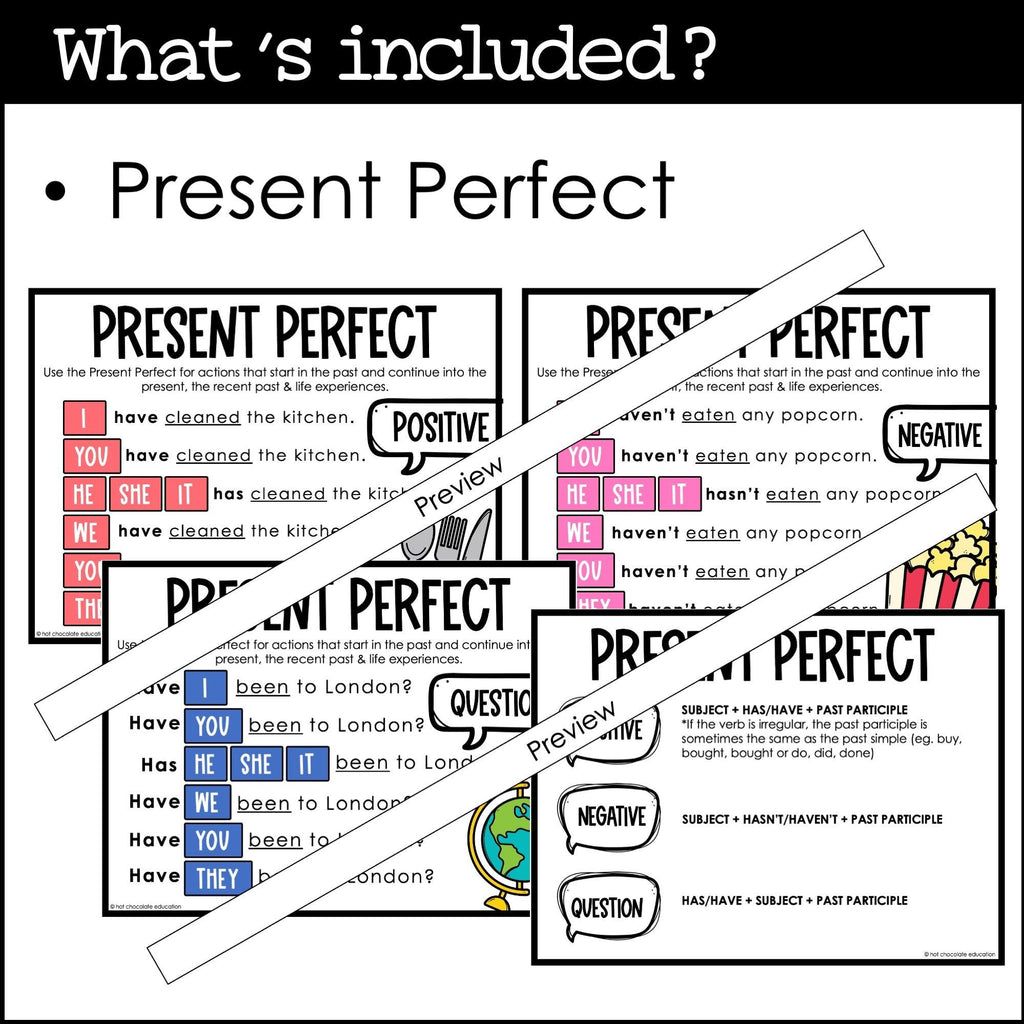 ESL Present & Past Tense Verb Conjugation Posters BUNDLE : Simple, Continuous, Perfect - Hot Chocolate Teachables