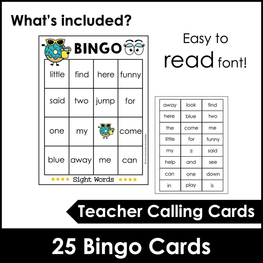 ESL: Sight Word Bingo Game | Reading Fluency in Pre-K & Kindergarten -Donuts - Hot Chocolate Teachables