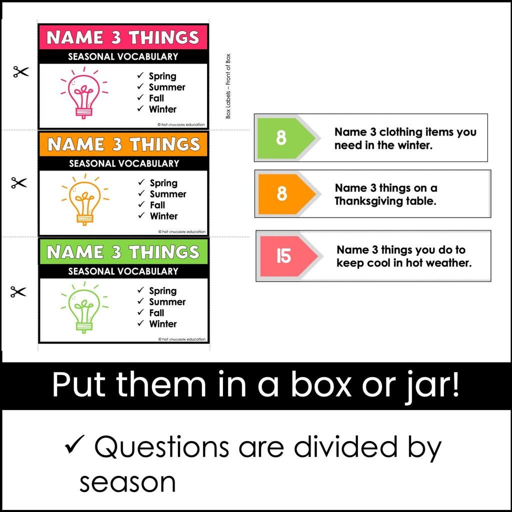 ESL Vocabulary Activity for Kids | Name 3: Spring, Summer, Fall, Winter - Hot Chocolate Teachables