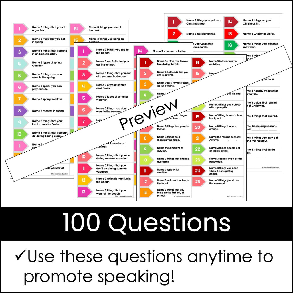 ESL Vocabulary Activity for Kids | Name 3: Spring, Summer, Fall, Winter - Hot Chocolate Teachables