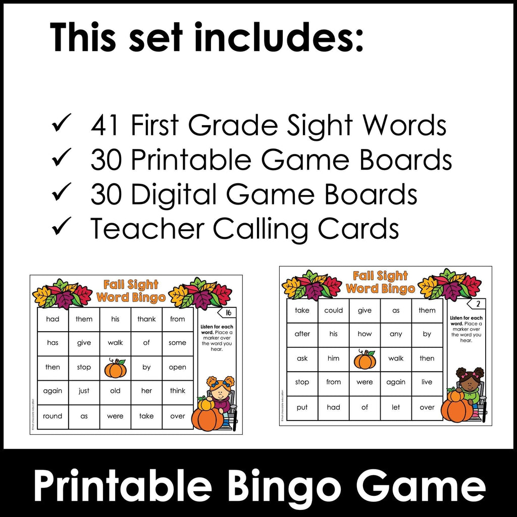 FALL 1st Grade Sight Words Bingo - Print & Digital Google Sides™ included - Hot Chocolate Teachables