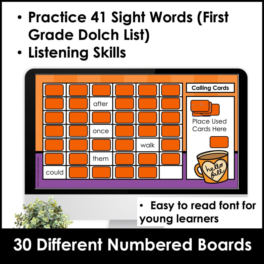 FALL 1st Grade Sight Words Bingo - Print & Digital Google Sides™ included - Hot Chocolate Teachables