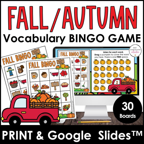 Fall Theme Vocabulary Bingo Game - Print & Digital BUNDLE - Hot Chocolate Teachables