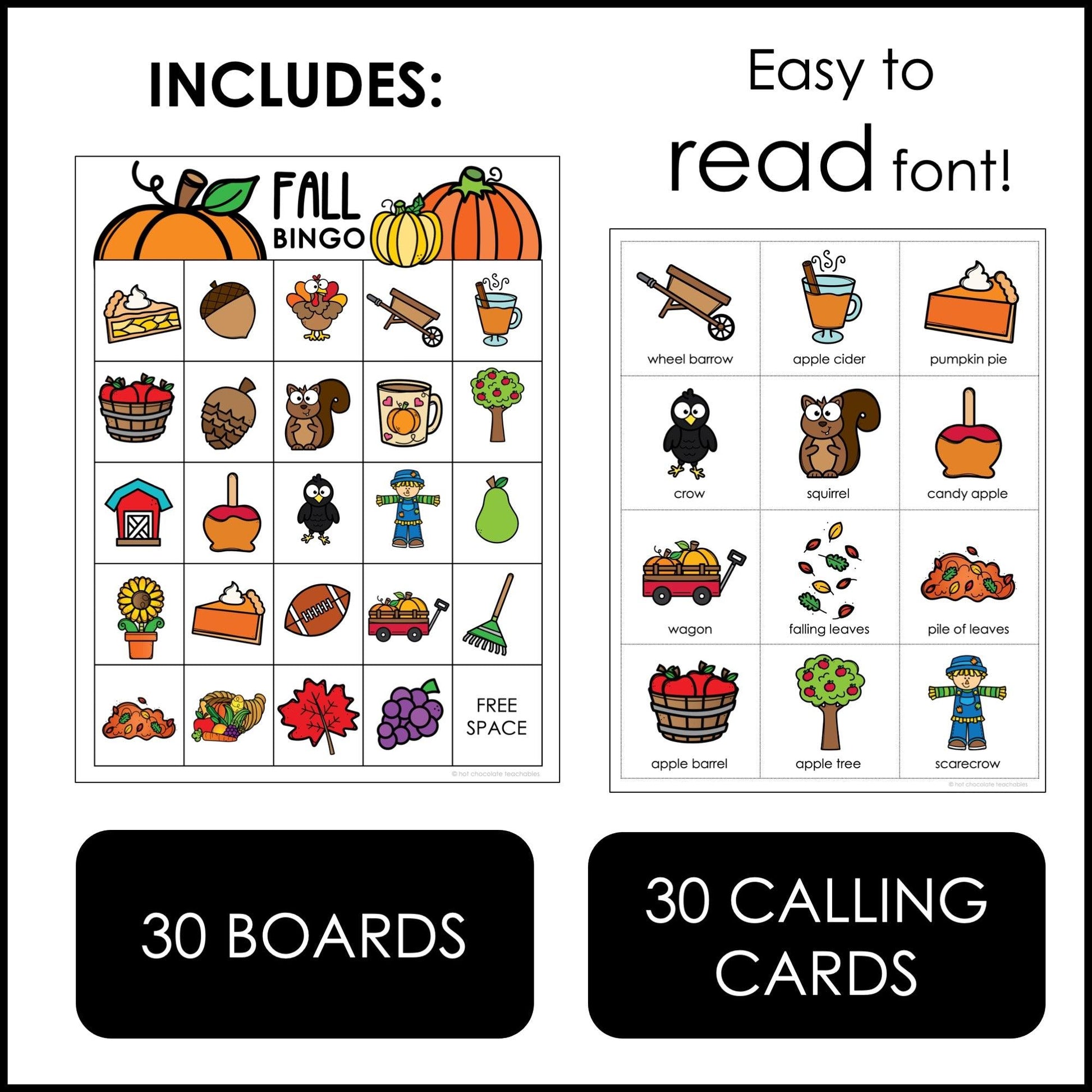 Fall Vocabulary Bingo - Autumn Game - Fall Classroom Party Game - Hot Chocolate Teachables