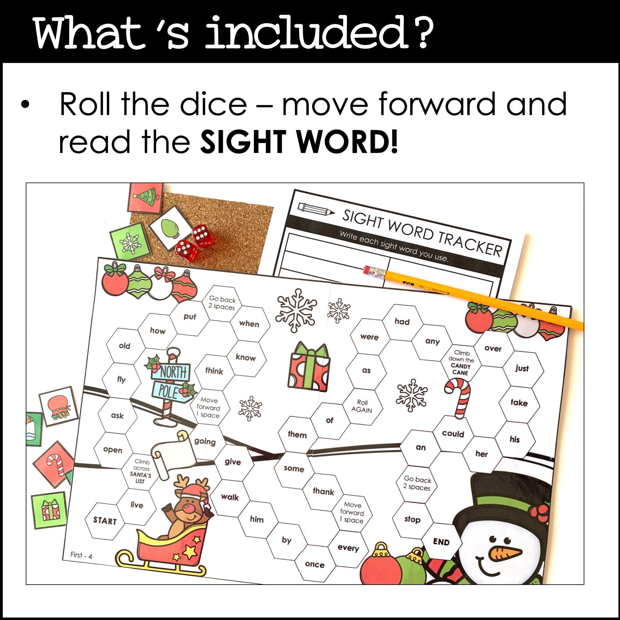 FIRST GRADE Sight Word Board Games for CHRISTMAS - Dolch Aligned Words - Hot Chocolate Teachables