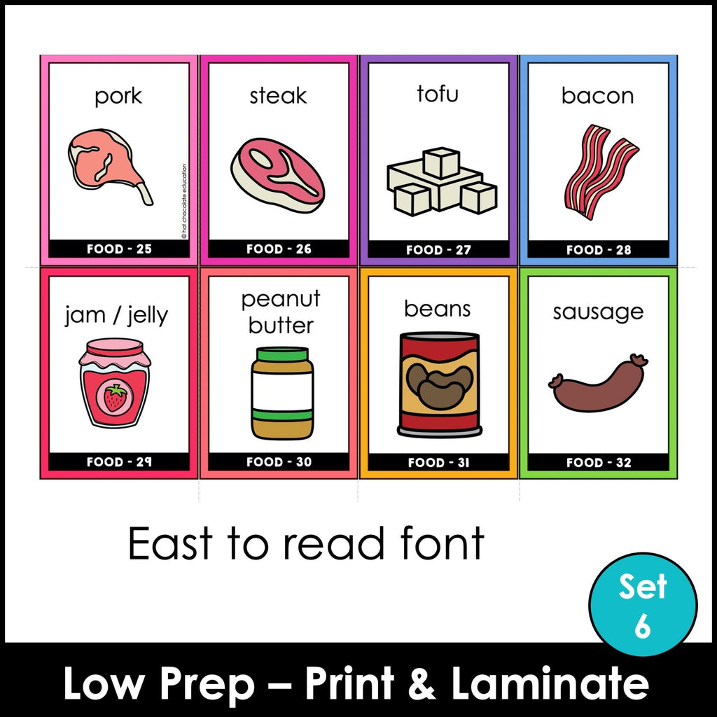 Food Group Vocabulary Flashcards | ESL Task Cards - Meat, Dairy, Protein - Hot Chocolate Teachables