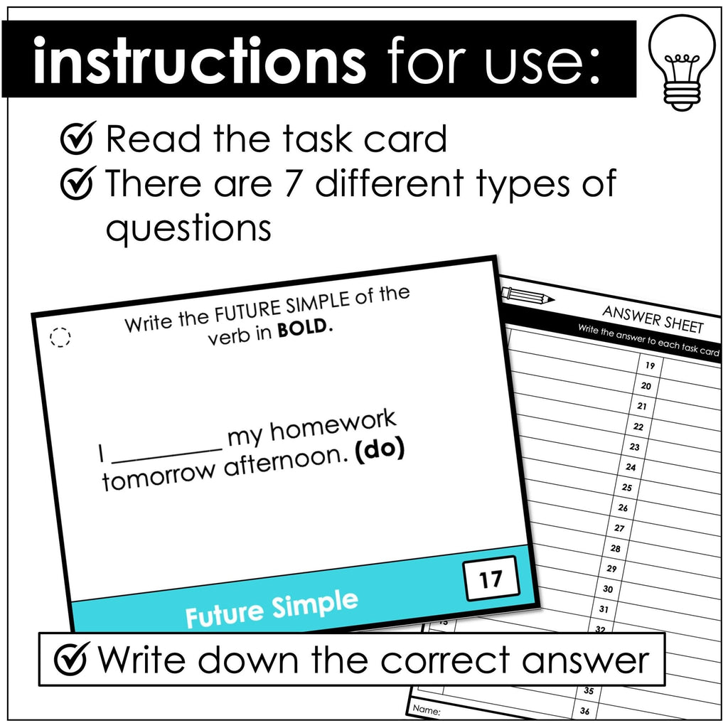 Future Simple Task Cards | Will & Won't | Grammar Practice Activity - Hot Chocolate Teachables