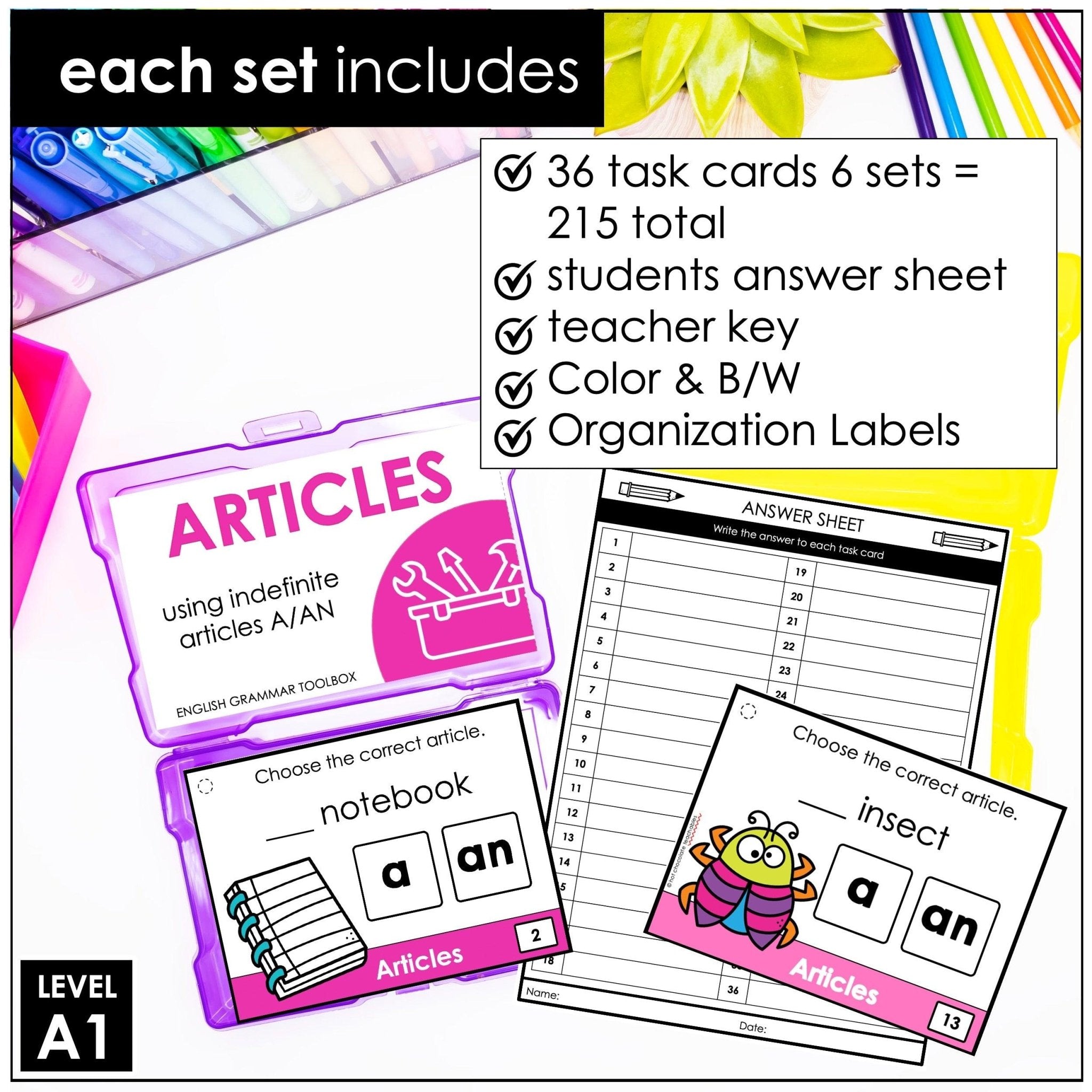 Grammar Task Card Bundle - Beginning Concepts for ESL EFL ELA - Hot Chocolate Teachables