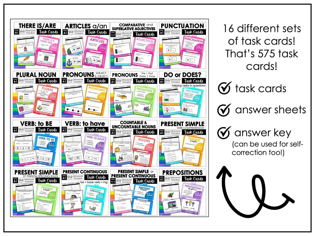 Grammar Task Cards Bundle - Parts of Speech, Verbs, Nouns, Prepositions | ESL - Hot Chocolate Teachables