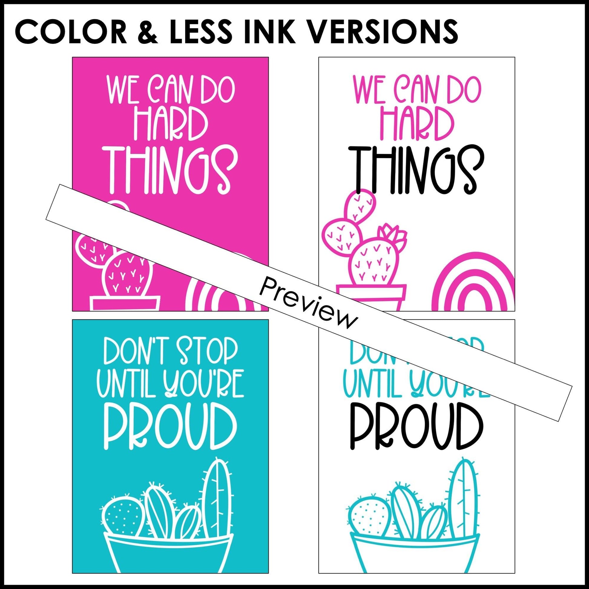 Growth Mindset Posters: Classroom Decor Quotes - Cactus Rainbow Colors - Hot Chocolate Teachables