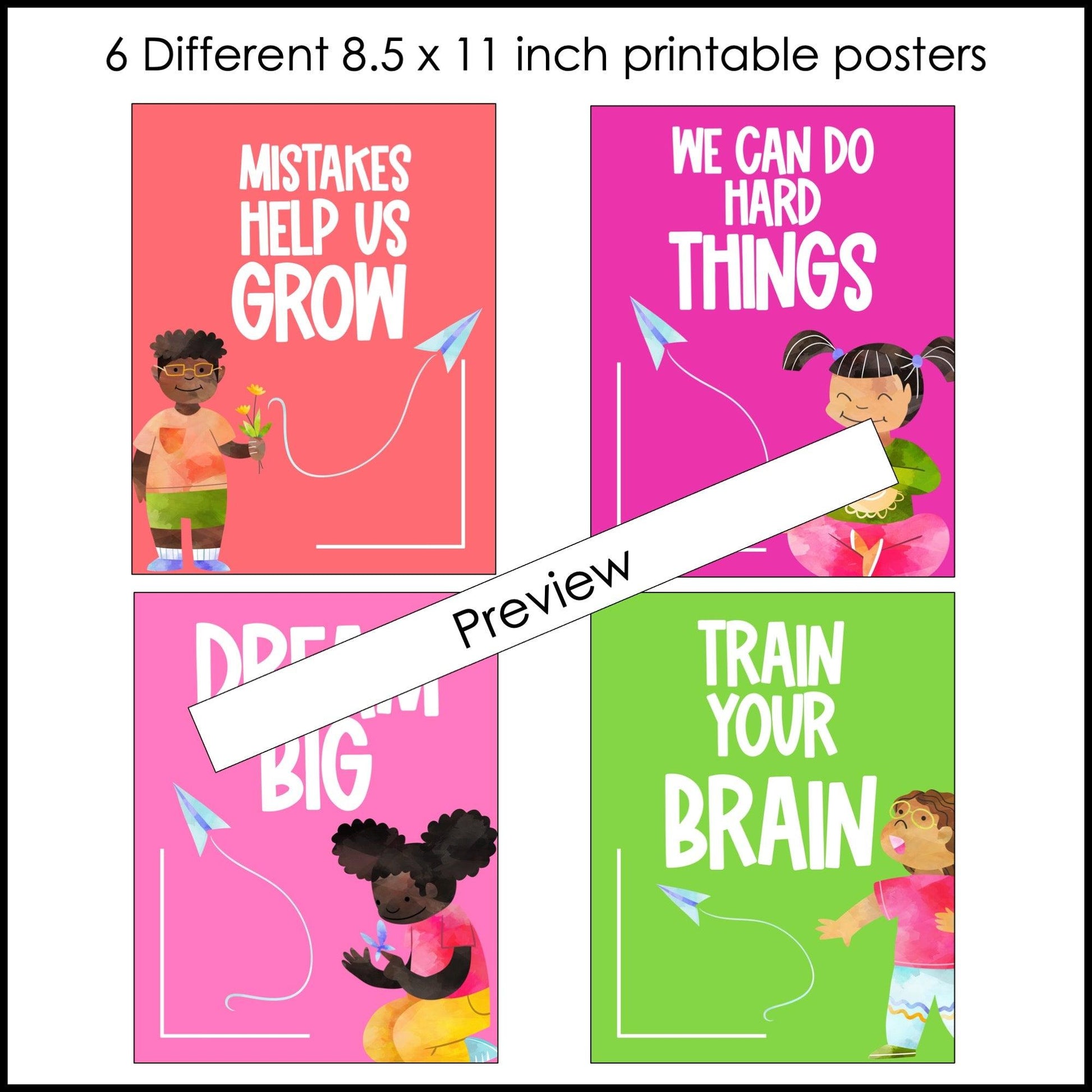 Growth Mindset Posters: Classroom Decor Quotes - Watercolor Rainbow Kids - Hot Chocolate Teachables