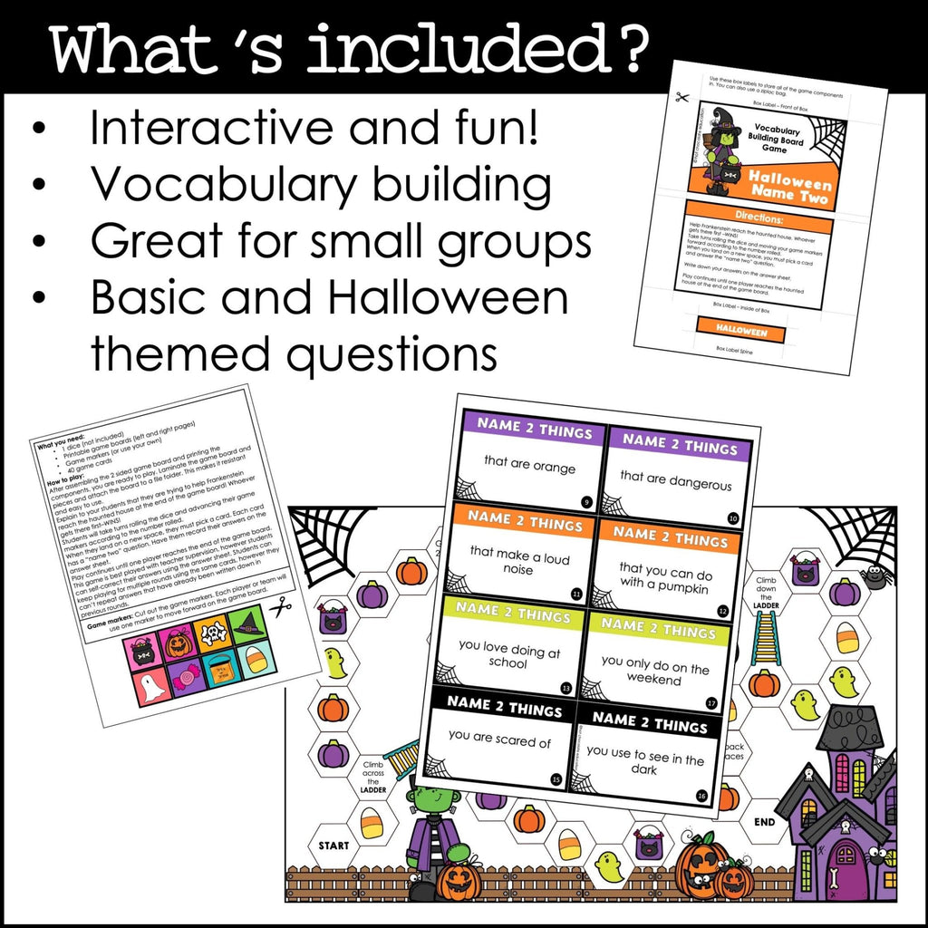 Halloween Board Game : Name 2 Things - Vocabulary Building Activity - Hot Chocolate Teachables