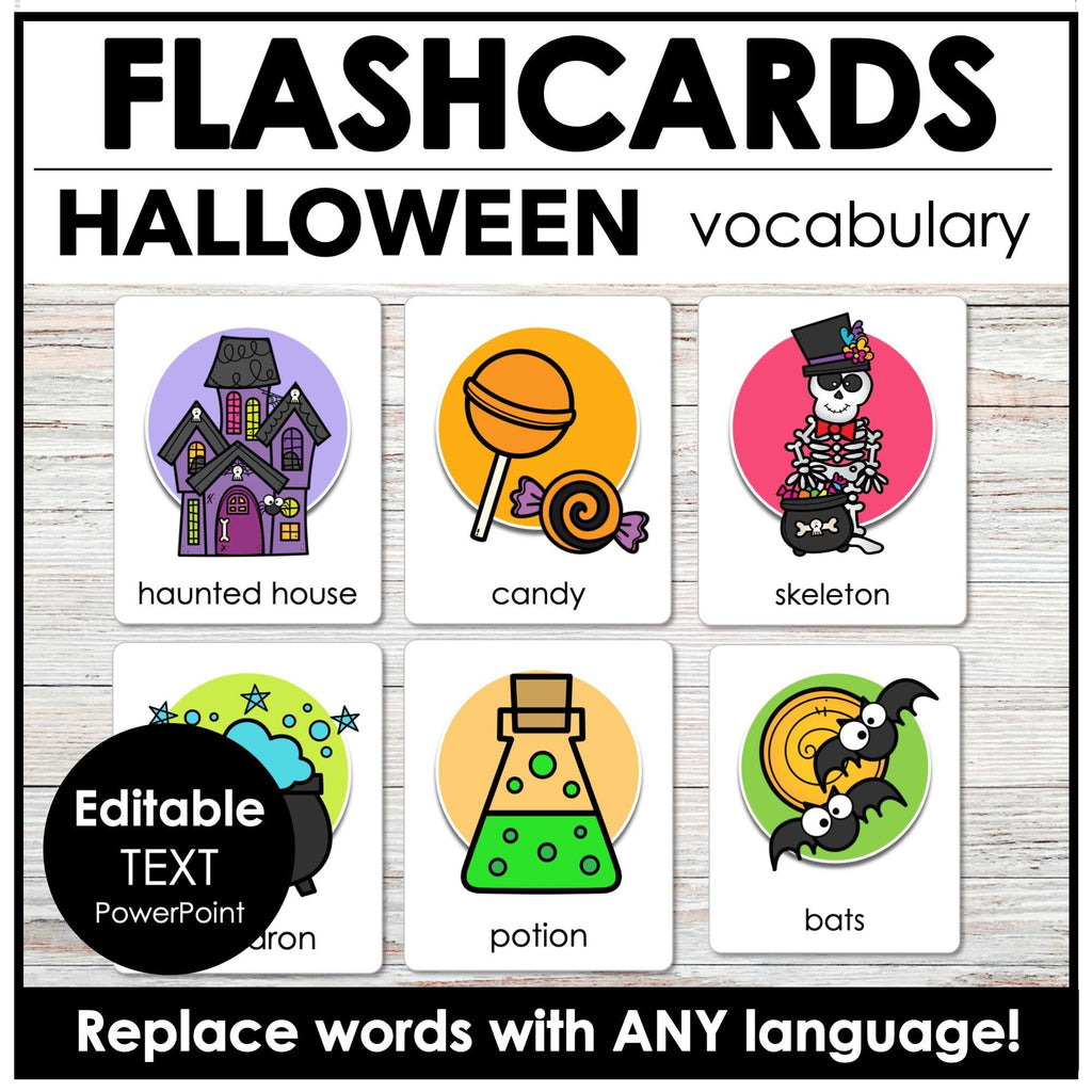 Halloween Flashcards ESL Vocabulary Flash cards for Kids -Editable Text - Hot Chocolate Teachables