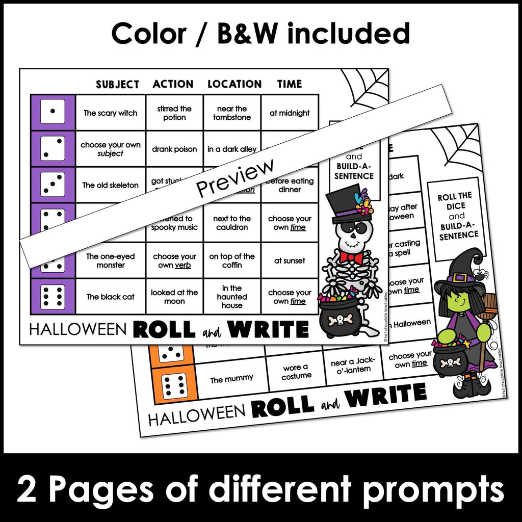 Halloween Sentence Building Dice Activity - Subject, Verb, Location, Time - Hot Chocolate Teachables