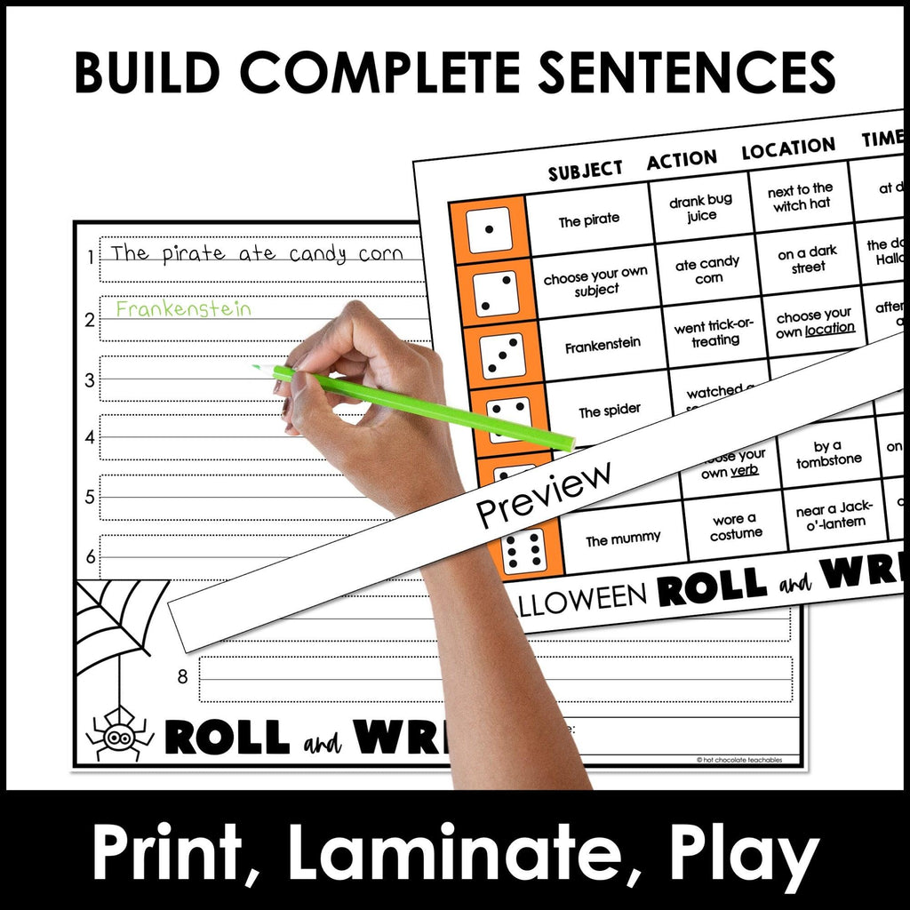 Halloween Sentence Building Dice Activity - Subject, Verb, Location, Time - Hot Chocolate Teachables