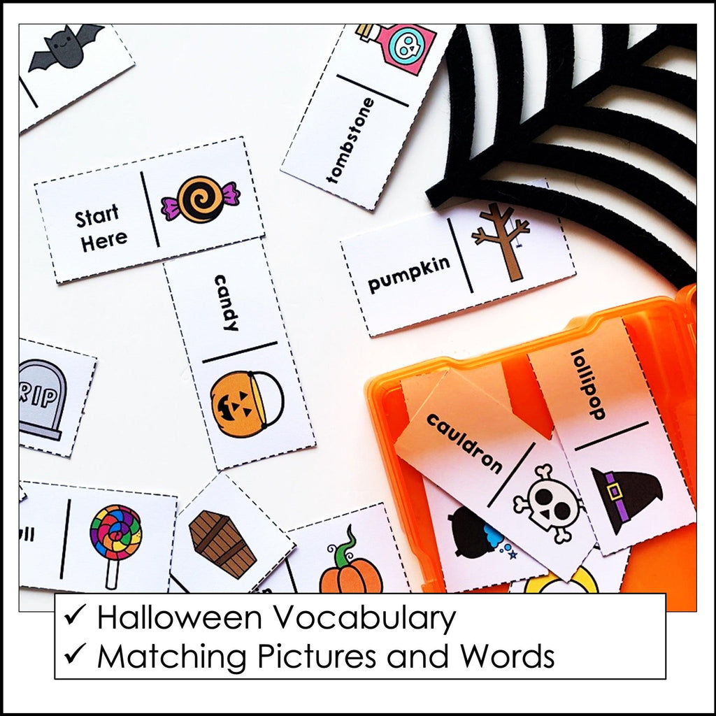 Halloween Vocabulary Dominoes - Party Game - Halloween Words - Hot Chocolate Teachables