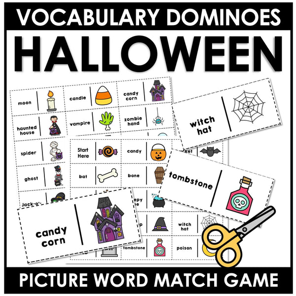 Halloween Vocabulary Dominoes - Party Game - Halloween Words - Hot Chocolate Teachables