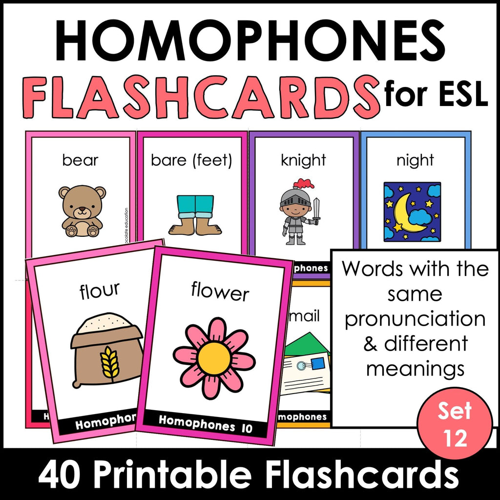 Homophone Identification Flashcards : ESL Vocabulary Task Cards - Flash Cards - Hot Chocolate Teachables