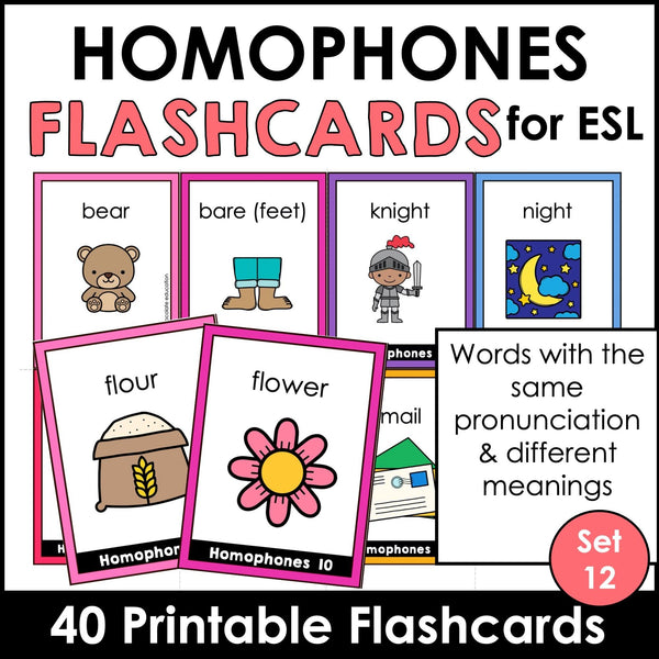 Homophone Identification Flashcards : ESL Vocabulary Task Cards - Flash Cards - Hot Chocolate Teachables