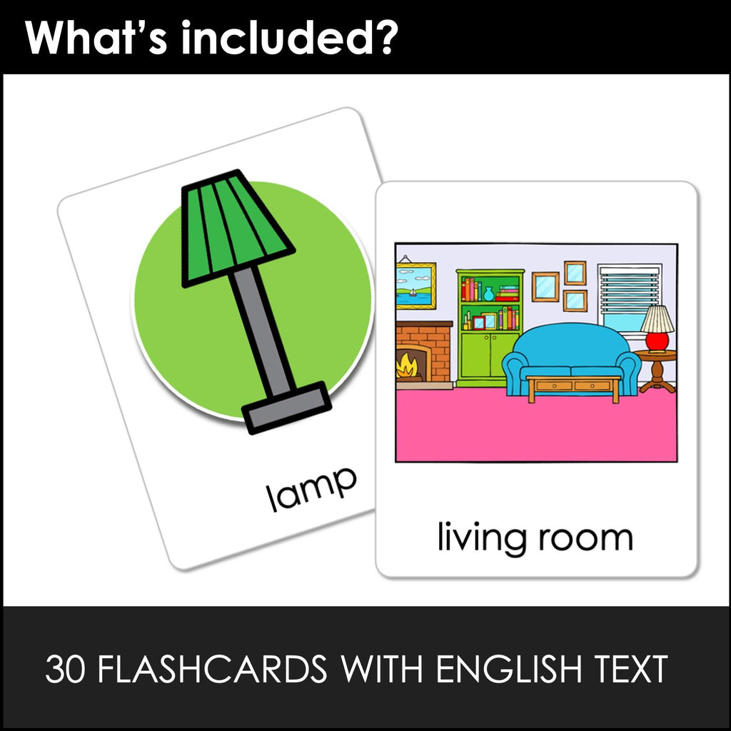 House & Furniture Vocabulary Flashcards for ESL - Kitchen, Bath, Bedroom, Garden - Hot Chocolate Teachables